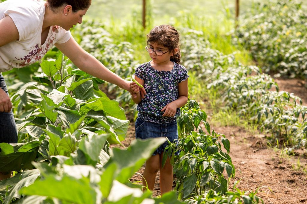 a girl holding a vegetable in a garden