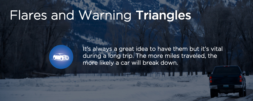 a winter landscape with text "flares and warning triangles"