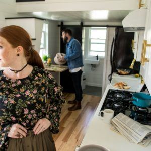 woman and man in small kitchen