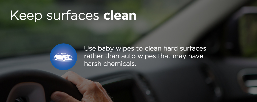 a car dashboard with text 'keep surfaces clean'