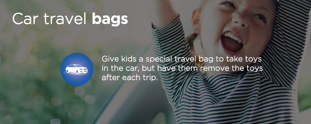 a child smiling with text 'car travel bags'