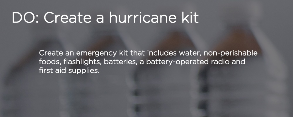 water bottles with text "DO: create a hurricane kit"