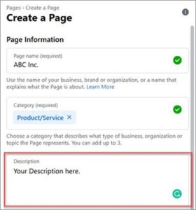 Facebook create a page screenshot