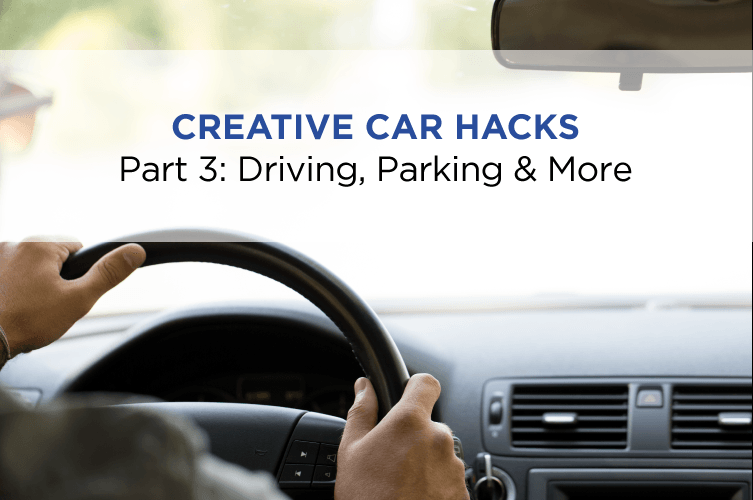 hands on a steering wheel with text 'creative car hacks driving, parking and more'