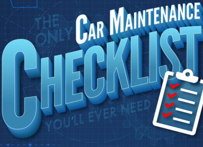 words car maintenance checklist in white a blue color