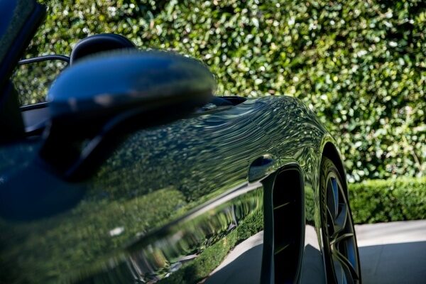 Up close view of the side of a black car with shrubbery in background