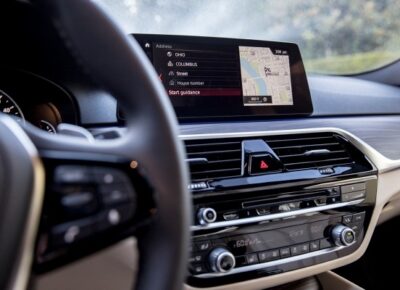 Close up of car dashboard with navigation screen
