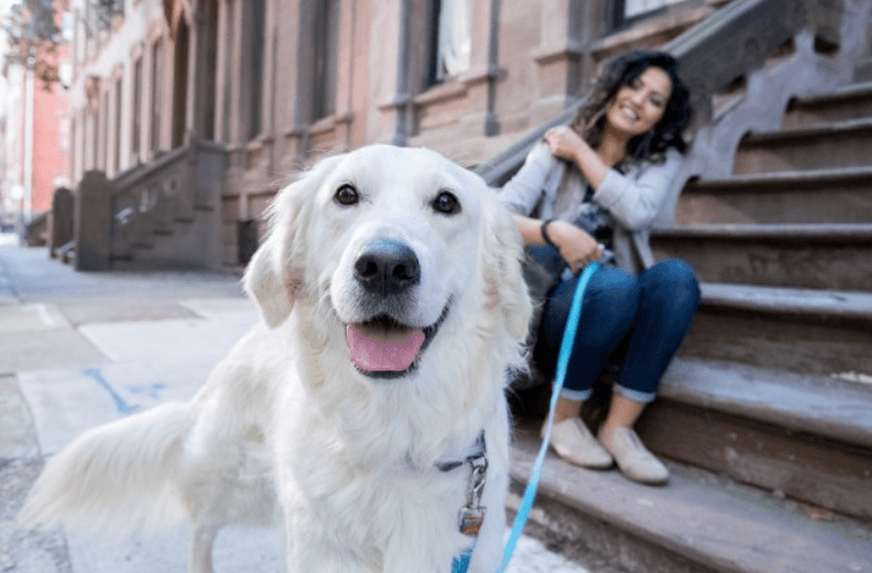 Woman sitting on steps with dog on leash