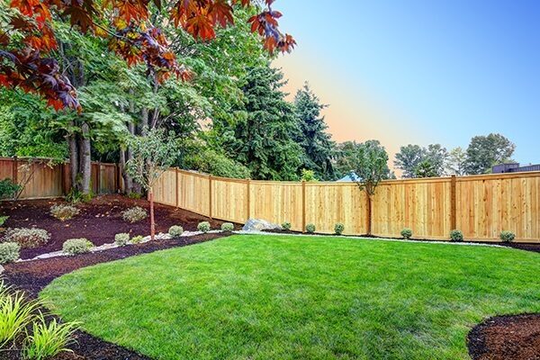 a nicely landscaped backyard with a new wooden fence