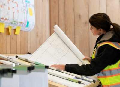 woman looking at construction plans