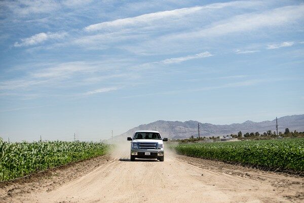 Truck driving down dirt road