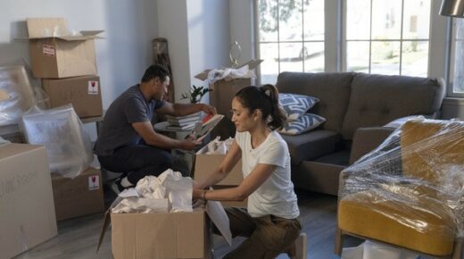 A young couple unpacking a box during a move.