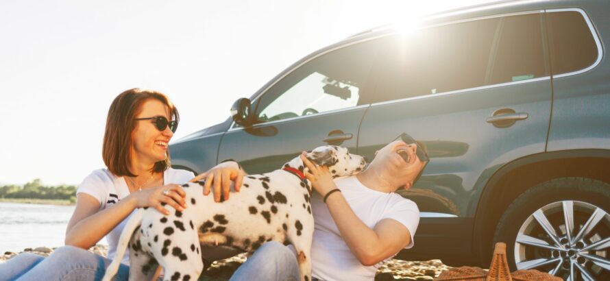 happy-couple-with-a-dog-next-to-car