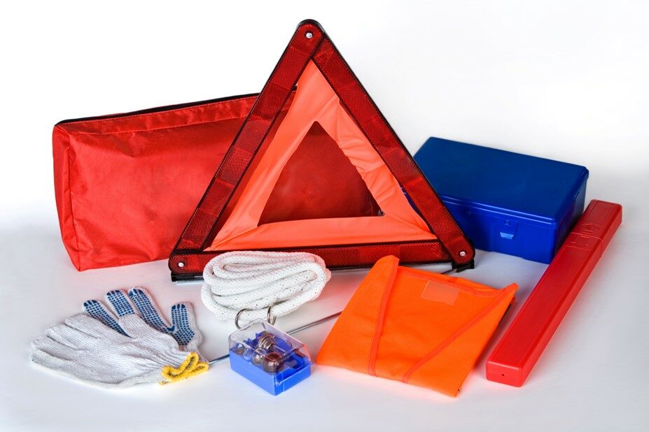Various items in an emergency car kit.