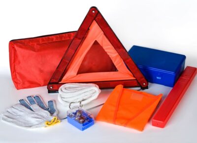 Various items in an emergency car kit.