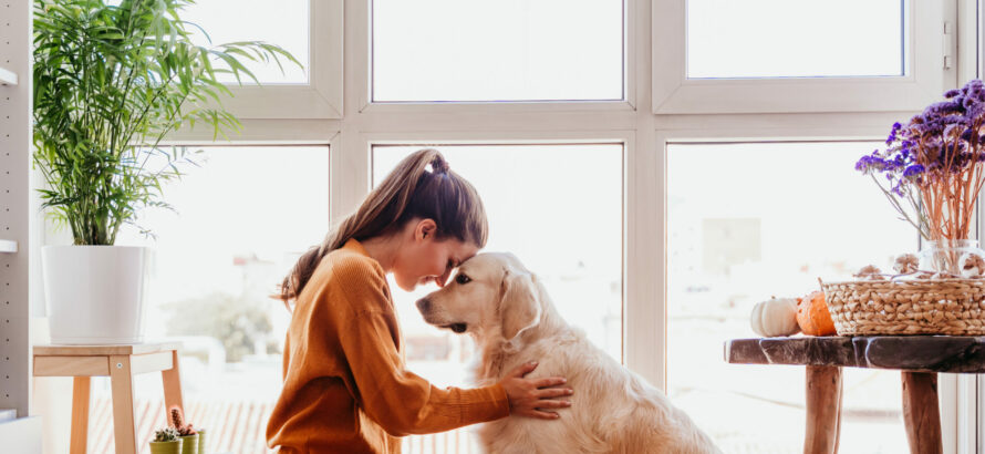 A woman has her forehead resting on top of a dog's head.