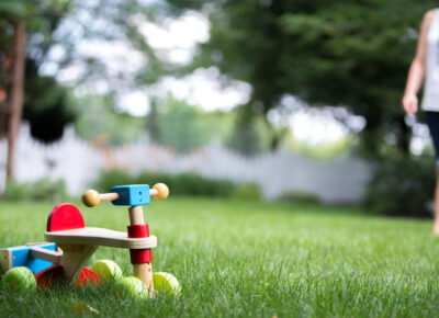 Children’s toy on a green grass lawn.