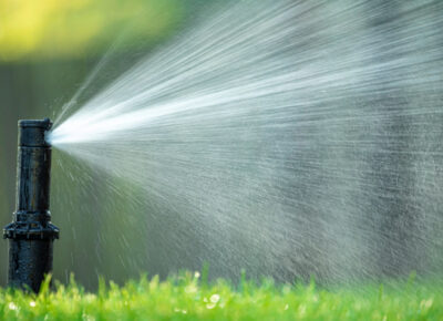 A sprinkler head is spraying water over green grass.