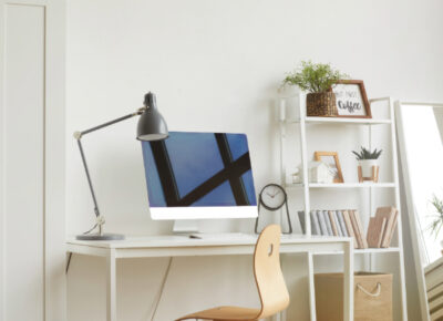 A home office with a white background.